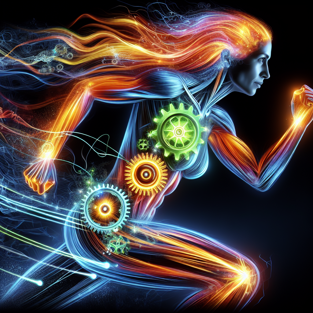 A vibrant and energetic person, full of vitality, with subtle glowing gears or energy lines emanating from their core, symbolizing a boosted metabolism. The person is in a dynamic, active pose, illustrating health and an active lifestyle. Bright, encouraging colors. Digital art.