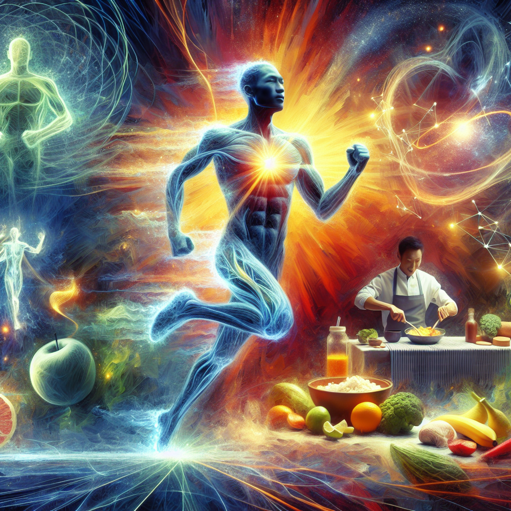 A vibrant, energetic scene illustrating a person engaged in healthy activities like light exercise or preparing a fresh meal, with abstract, glowing lines and subtle light effects radiating from their core, symbolizing an active and boosted metabolism. The style is bright and inspiring, with a focus on vitality and well-being.