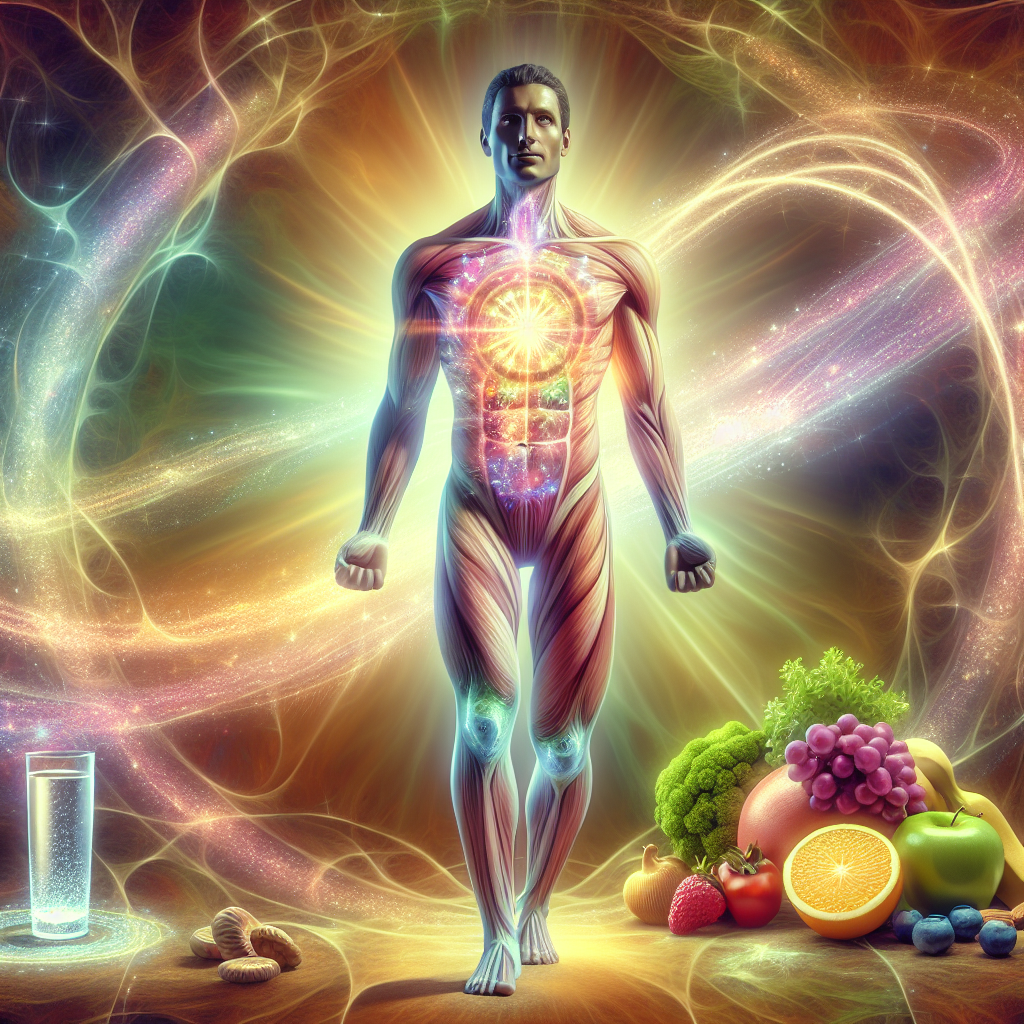 A vibrant, healthy person radiating energy, their core subtly glowing with dynamic, swirling light and colors, symbolizing an active and stimulated metabolism. They are in a confident, active pose, with elements like fresh produce, a glass of water, and a suggestion of movement in the background, all conveying vitality and well-being. Bright, optimistic lighting, realistic style.