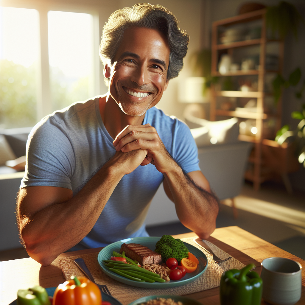 Eine glückliche, lächelnde Person mittleren Alters sitzt entspannt an einem sonnigen Küchentisch und genießt eine farbenfrohe, gesunde Mahlzeit aus frischem Gemüse, magerem Protein und Vollkornprodukten. Das Setting ist ein gemütliches Zuhause, mit weichem Tageslicht, das durch ein Fenster fällt. Keine Sportkleidung oder Fitnessgeräte sind sichtbar. Der Fokus liegt auf Wohlbefinden und Genuss gesunder Ernährung in einer entspannten Alltagssituation. Realistischer Stil, hohe Auflösung.
