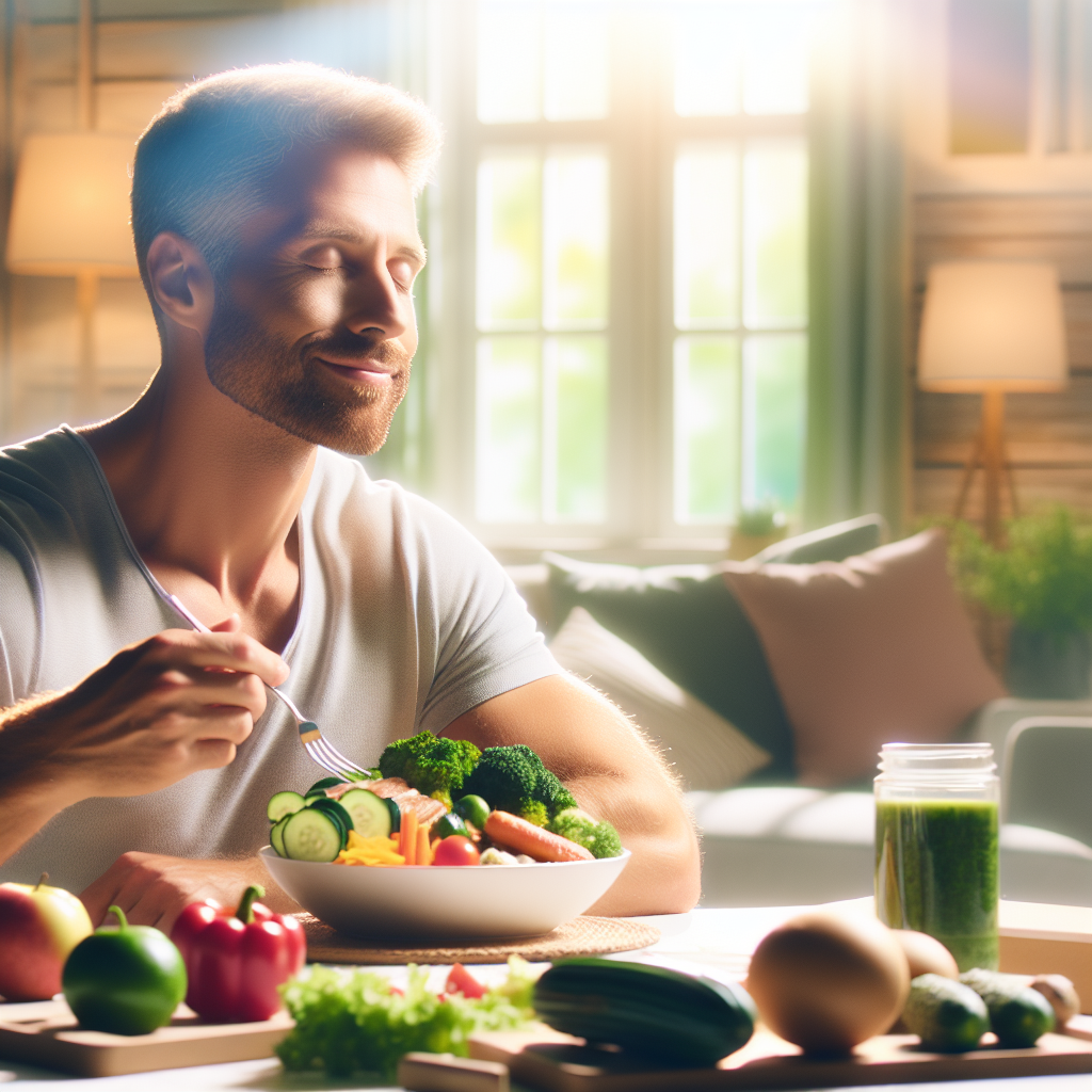 A happy and relaxed person, not exercising, but enjoying a healthy, colorful meal at home. The scene should convey a sense of calm wellness and sustainable weight loss through mindful eating. Focus on fresh vegetables, lean protein, and healthy fats prominently on the plate. Soft, natural lighting. Realistic, inviting style.