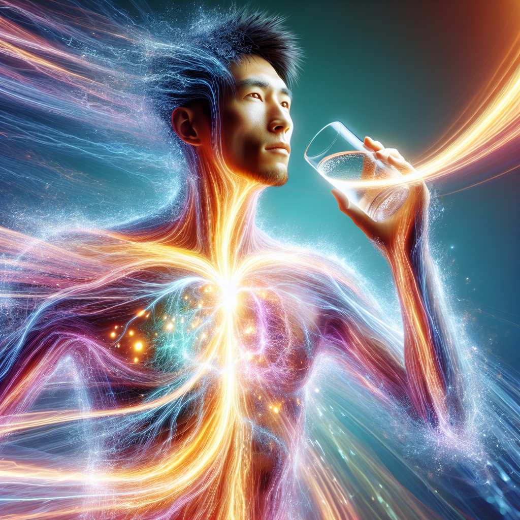 A vibrant and energetic person, radiating health and vitality. Dynamic, glowing lines or abstract light trails emanate from their core, symbolizing a fast and efficient metabolism. The person is in a subtle state of active motion, perhaps taking a deep breath or holding a glass of water, conveying a sense of internal well-being and power. Bright, fresh colors, clean inspiring aesthetic.