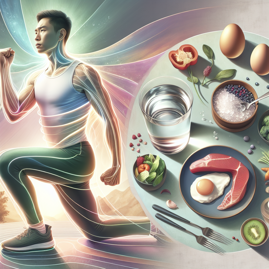 An energetic and vibrant scene depicting a person in activewear performing light exercise (like a gentle stretch or brisk walk) in a bright, clean environment. Around them, artfully arranged, are elements symbolizing a healthy metabolism: a clear glass of water, a plate with lean protein (fish/chicken), eggs, fresh vegetables, and some berries. Subtle glowing lines emanate from the person and the food, representing energy and a boosted metabolism. The overall aesthetic is modern, clean, and motivational, with a focus on health and vitality. Digital art, blog header style.