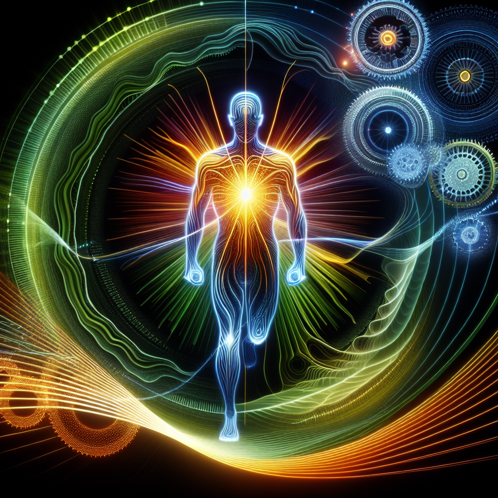 A vibrant, abstract depiction of the human body's metabolism as a glowing energy core within a stylized human silhouette. Dynamic light rays and subtle internal gears or pathways radiate from the core, symbolizing increased energy, vitality, and internal activity. Use bright, energetic colors like lime green, electric blue, and warm orange. Clean digital art, high energy, futuristic feel.