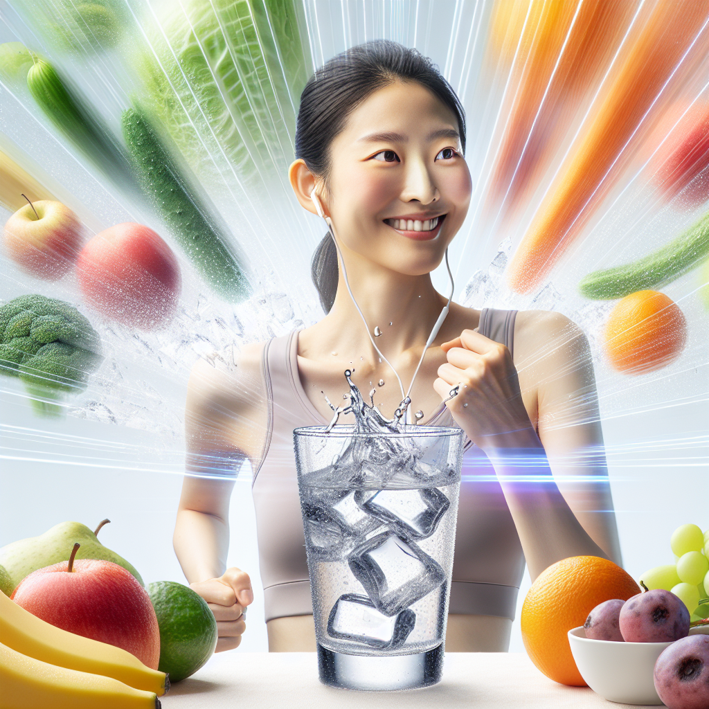 A vibrant, energetic person radiating health and vitality, depicted in a dynamic pose such as a light jog or a mindful stretch. A clear glass of water with ice and a subtle splash is prominently featured, along with fresh, colorful fruits and greens subtly arranged in the background. The overall aesthetic is bright, clean, and inspiring, emphasizing natural ways to boost metabolism and an active, healthy lifestyle.