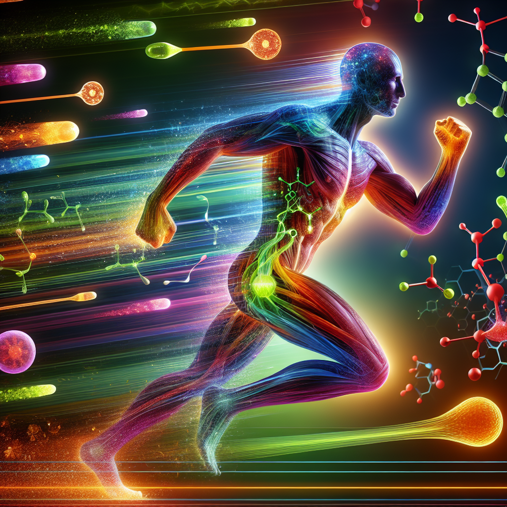 A vibrant and dynamic visualization of the human metabolism, showing energy flowing through the body, with glowing chemical reactions and nutrients being efficiently processed within a healthy, active human silhouette. Emphasize speed and vitality with bright, energetic colors.