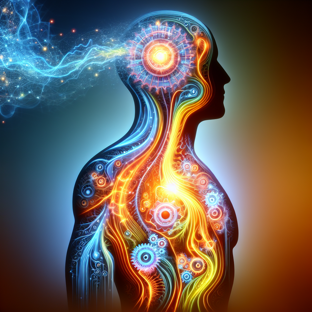 A vibrant, dynamic illustration of a stylized human silhouette. Inside the silhouette, abstract glowing energy pathways and intricate, smooth-moving gears represent a stimulated and highly efficient metabolism. Bright, energetic colors like electric blues, radiant yellows, and oranges illuminate the internal processes, conveying vitality and boosted energy. The background is clean and subtly abstract, emphasizing the internal activity. Digital art style.