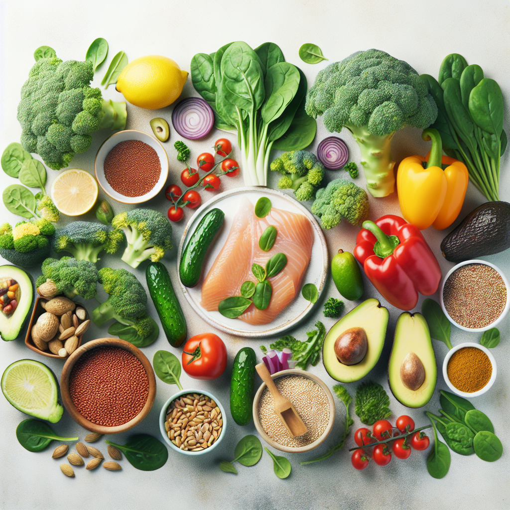 A vibrant, visually appealing flat lay of diverse healthy foods known to aid in belly fat loss, featuring fresh green vegetables like broccoli and spinach, colorful bell peppers, lean protein such as grilled chicken or fish, avocado, whole grains like quinoa, and a sprinkle of seeds. The arrangement should be clean, natural, and inviting, set on a light, minimalist surface, with a bright, optimistic atmosphere. Studio lighting, high resolution.