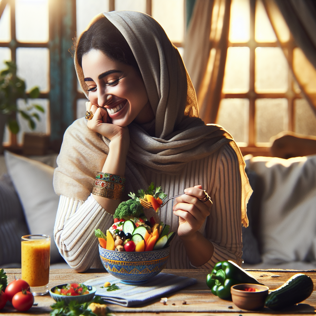 A serene and happy person in a comfortable home setting, thoughtfully enjoying a beautifully plated, healthy meal with plenty of fresh vegetables. There are no signs of exercise equipment or active wear. The focus is on mindful eating, a smaller portion, and delicious, wholesome food. The overall atmosphere is calm and inviting, illustrating effective weight loss through dietary choices rather than strenuous sport. Soft, natural lighting, realistic style.