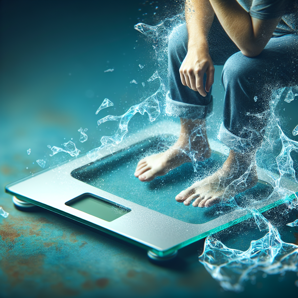A person looking frustrated and feeling heavy while standing on a bathroom scale, with subtle, translucent blue water ripples or droplets visibly clinging around their ankles and feet, symbolizing water retention. The atmosphere suggests a struggle with fluctuating weight despite efforts.