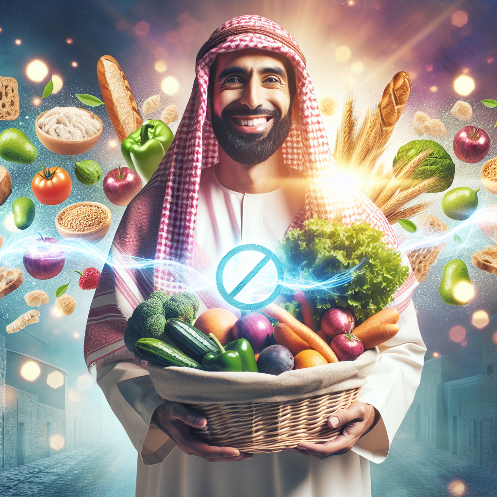 A vibrant, inviting image showing a smiling, energetic person holding a basket brimming with colorful, fresh vegetables, fruits, and lean proteins. In the background, subtly blurred, are images of wheat products (like bread or pasta) with a gentle 'no' symbol or a soft glow of healthy alternatives replacing them. The overall mood is positive, light, and healthy, conveying effortless weight loss without feeling deprived. Bright, natural lighting, realistic photo.