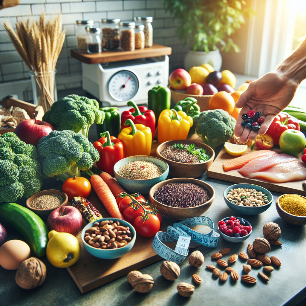 A vibrant, inviting close-up of a diverse spread of delicious, healthy, and wheat-free foods on a kitchen counter. Include items like fresh colorful vegetables (e.g., bell peppers, broccoli), lean protein (e.g., grilled chicken breast or fish), gluten-free whole grains (e.g., quinoa or brown rice), nuts, and berries. In the background, slightly out of focus, a person's hand reaches for a piece of fruit, while a small kitchen scale or a measuring tape subtly hints at weight loss and healthy living. The lighting is bright and natural, emphasizing freshness and well-being. The overall mood is positive and encouraging.
