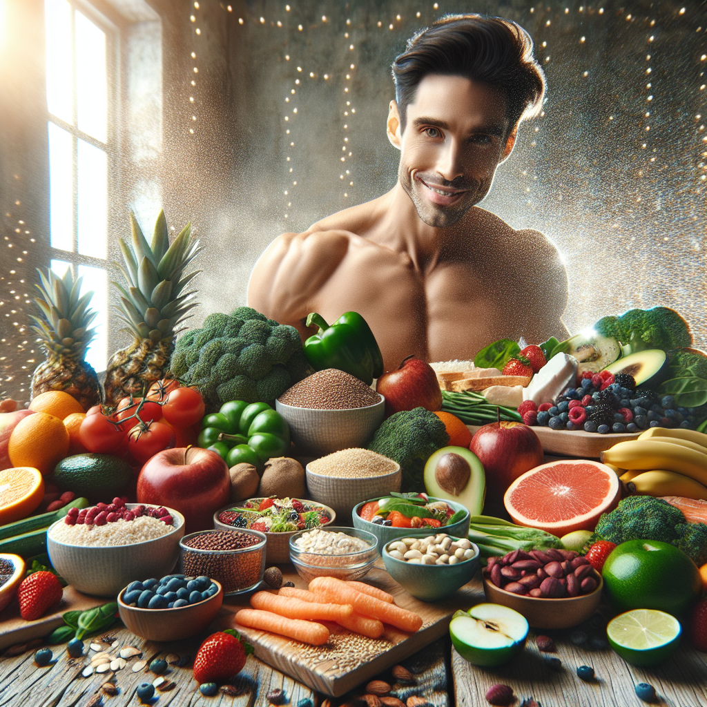A beautifully arranged, inviting spread of delicious, vibrant wheat-free foods on a rustic wooden table. The focus is on colorful fresh fruits (berries, apples, citrus), crisp green vegetables (spinach, broccoli, avocado), lean protein sources (grilled chicken breast, fish), gluten-free grains (quinoa, brown rice), nuts, and seeds. In the background, slightly blurred, a person with a healthy, radiant glow is smiling, conveying a sense of vitality and energy from their diet. The overall scene is bright, clean, and inspiring, emphasizing healthy eating and a a slim, vibrant lifestyle. High-resolution food photography, natural light.