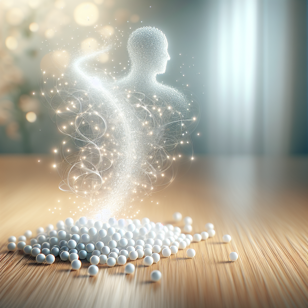 Close-up of small, pearly white homeopathic globuli pellets arranged delicately on a smooth, light wooden surface. In the background, a soft-focus, ethereal glow illustrates the abstract concept of human metabolism, with subtle energy pathways or light particles swirling, symbolizing activation and vitality. The overall aesthetic is clean, natural, and gentle, with warm, inviting lighting.