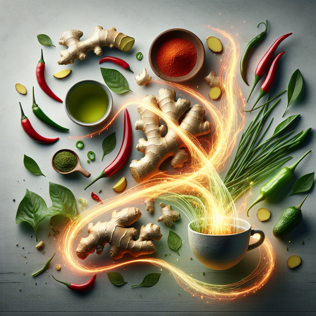 A vibrant and dynamic flat lay showcasing an array of metabolism-boosting foods, including fresh ginger root, bright red chili peppers, a steaming cup of green tea, and a scattering of green tea leaves. The arrangement is artful and energetic, with subtle glowing lines or light streaks emanating from the foods to symbolize active metabolism and vitality. The background is a clean, natural surface like light wood or marble, emphasizing a healthy and fresh aesthetic with bright, inviting lighting.
