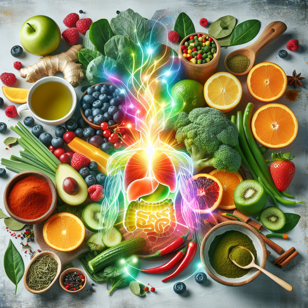 A vibrant and energetic flat lay composition of diverse, metabolism-boosting foods: colorful fruits (berries, citrus), fresh vegetables (leafy greens), spices (chili, ginger), and a steaming cup of green tea. The scene should radiate healthy vitality and a sense of internal activation, with subtle dynamic light effects or energetic streaks emanating from the food, symbolizing an active metabolism. The style is inviting, clean, and modern, with natural lighting.