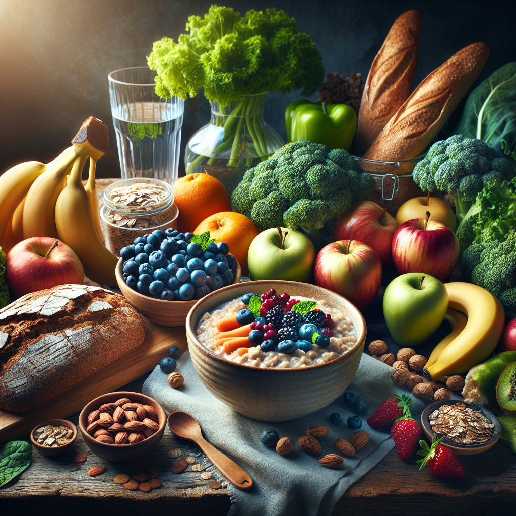 An appetizing still life of various healthy, whole foods known to prevent cravings and promote satiety, such as a bowl of oatmeal with berries, whole-grain bread, a colorful assortment of fresh fruits and vegetables (like apples, bananas, leafy greens, carrots), nuts, seeds, and a glass of water. The scene is set on a natural wooden table in bright, soft lighting, evoking a feeling of nourishment, health, and calm. Focus on vibrant colors and appealing textures.