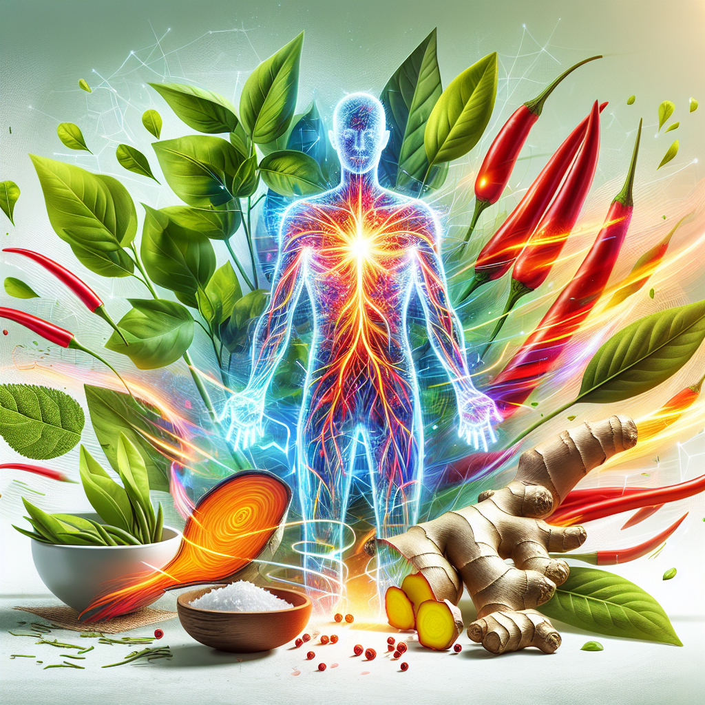 A vibrant, stylized illustration of various metabolism-boosting plants like fresh green tea leaves, a cross-section of ginger root, and bright red chili peppers, arranged dynamically around a subtle, glowing abstract representation of energy or a stylized human figure's core. The background is clean and bright, emphasizing natural health and vitality. The style is modern, inviting, and clean digital art.