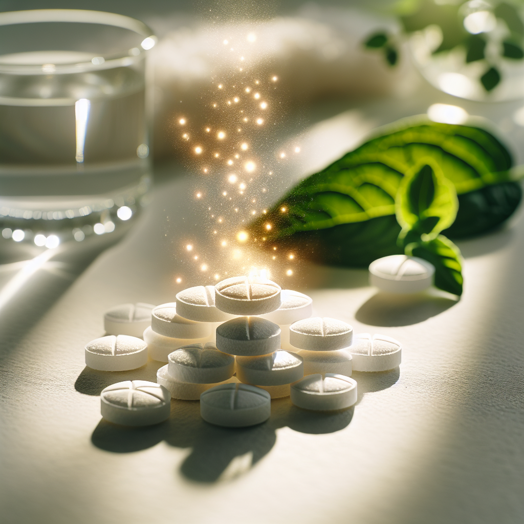A serene, close-up composition featuring small, white Schüßler salt tablets delicately arranged on a smooth, clean, light-colored surface. A gentle, ethereal golden glow or subtle energy lines emanate from the tablets, symbolizing stimulated metabolism and vitality. In the softly blurred background, elements of nature like fresh green leaves, a clear glass of water, or a hint of a sunlit herbal plant are visible, emphasizing a natural and holistic approach to health. The lighting is soft and bright, creating an inviting and clean aesthetic with a shallow depth of field.