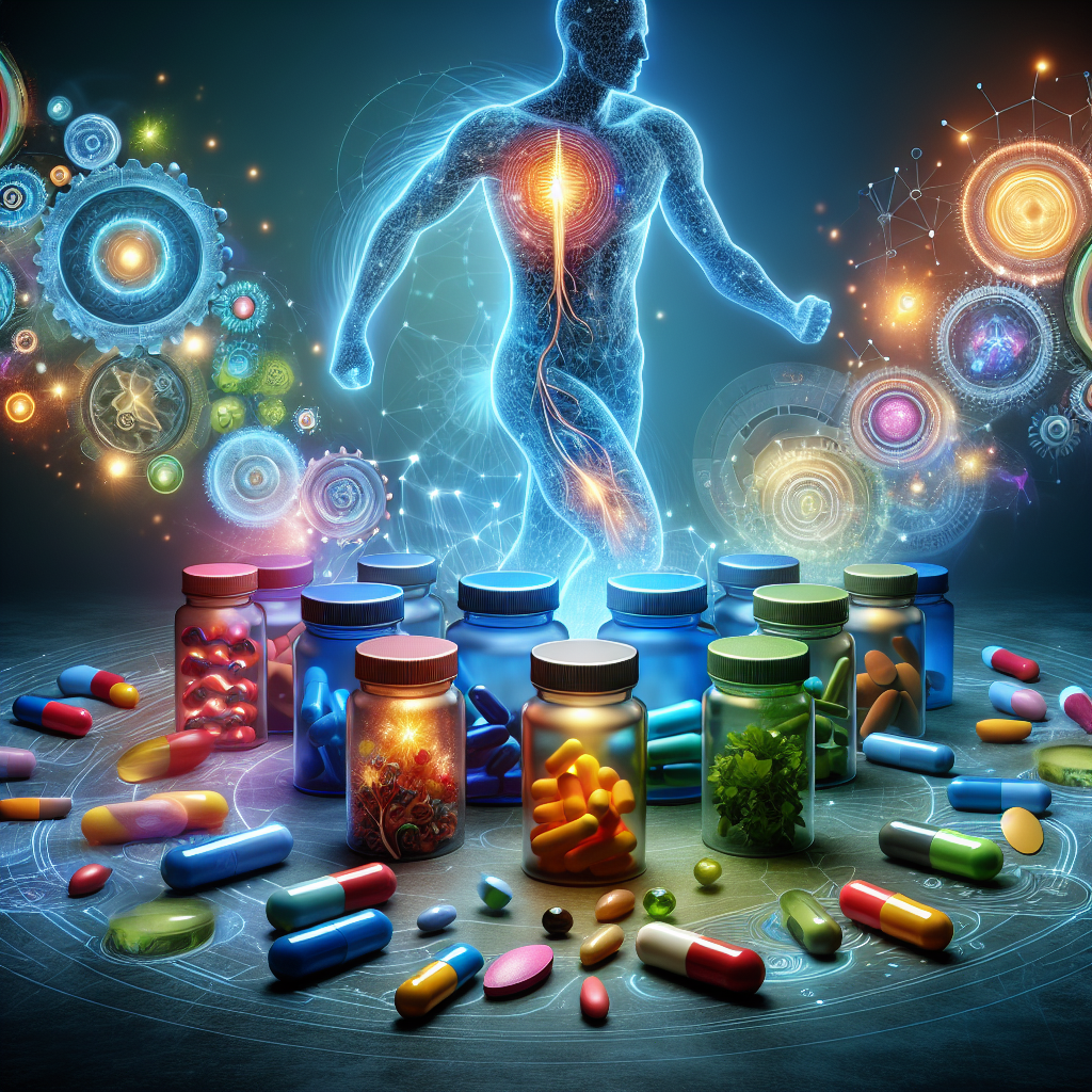 A vibrant, dynamic illustration depicting the concept of human metabolism being stimulated. In the foreground, an artful arrangement of various supplement bottles and capsules. In the background, subtle, glowing energy pathways and gears within a stylized human silhouette, symbolizing an active metabolism, burning calories and generating energy. The overall aesthetic is clean, modern, and energetic, emphasizing health and vitality.