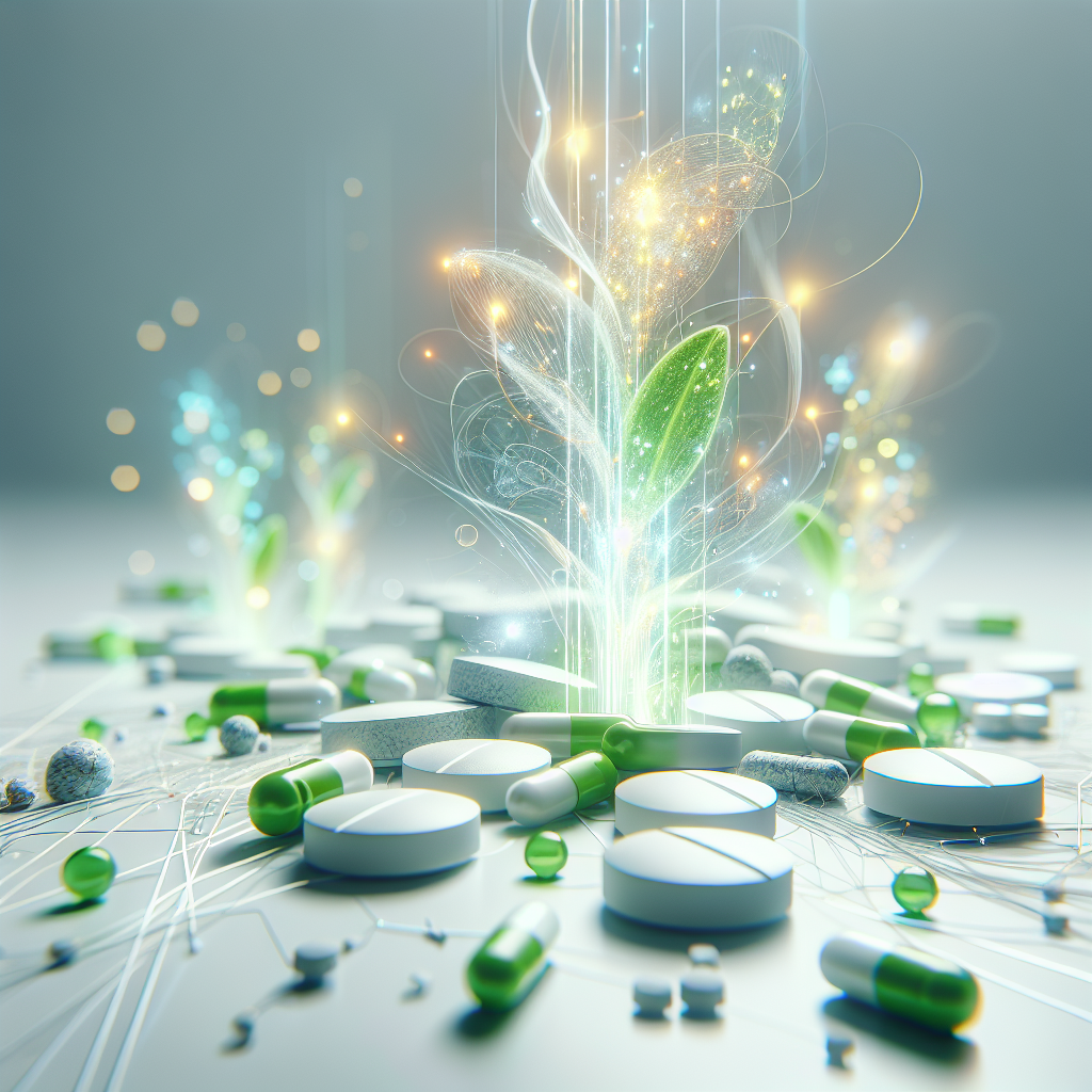 A close-up of a few white and green pharmaceutical pills arranged on a minimalist, clean surface. From these pills, vibrant, abstract energy lines and glowing particles emanate, flowing upwards and outwards to represent a stimulated metabolism. In the blurred background, subtle biological or scientific pathway elements are visible, suggesting the internal processes of the body. The overall aesthetic is modern, clean, and energetic, focusing on health and internal transformation, with soft, inviting lighting.