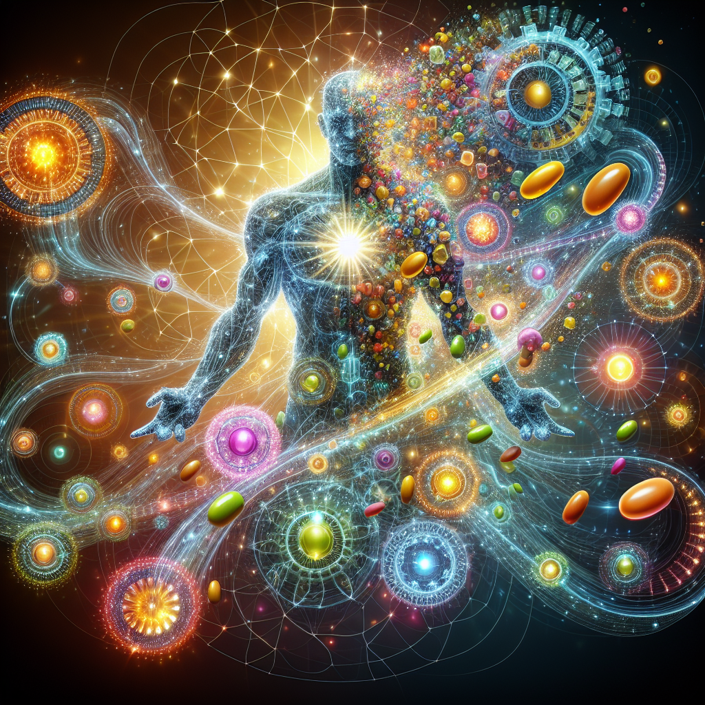 A vibrant and dynamic illustration of various colorful vitamins (B-complex vitamins prominently featured) surrounded by an energetic, glowing light. These vitamins are shown fueling abstract, interconnected pathways or gears, symbolizing a fast and efficient metabolism within a stylized, transparent human body outline. The background is clean and bright, conveying health and vitality. Digital art, high detail, energetic mood.