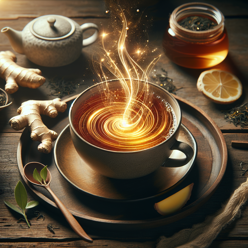 A beautifully styled flat lay featuring a steaming cup of warm, inviting tea, with subtle, vibrant golden energy lines and shimmering particles gently swirling upwards from the liquid, symbolizing an activated metabolism and increased vitality. Fresh tea leaves, perhaps a slice of ginger or lemon, are artfully arranged around the cup on a rustic wooden surface. The lighting is soft and natural, creating a serene yet invigorating atmosphere. High-quality, warm, and inspiring aesthetic.