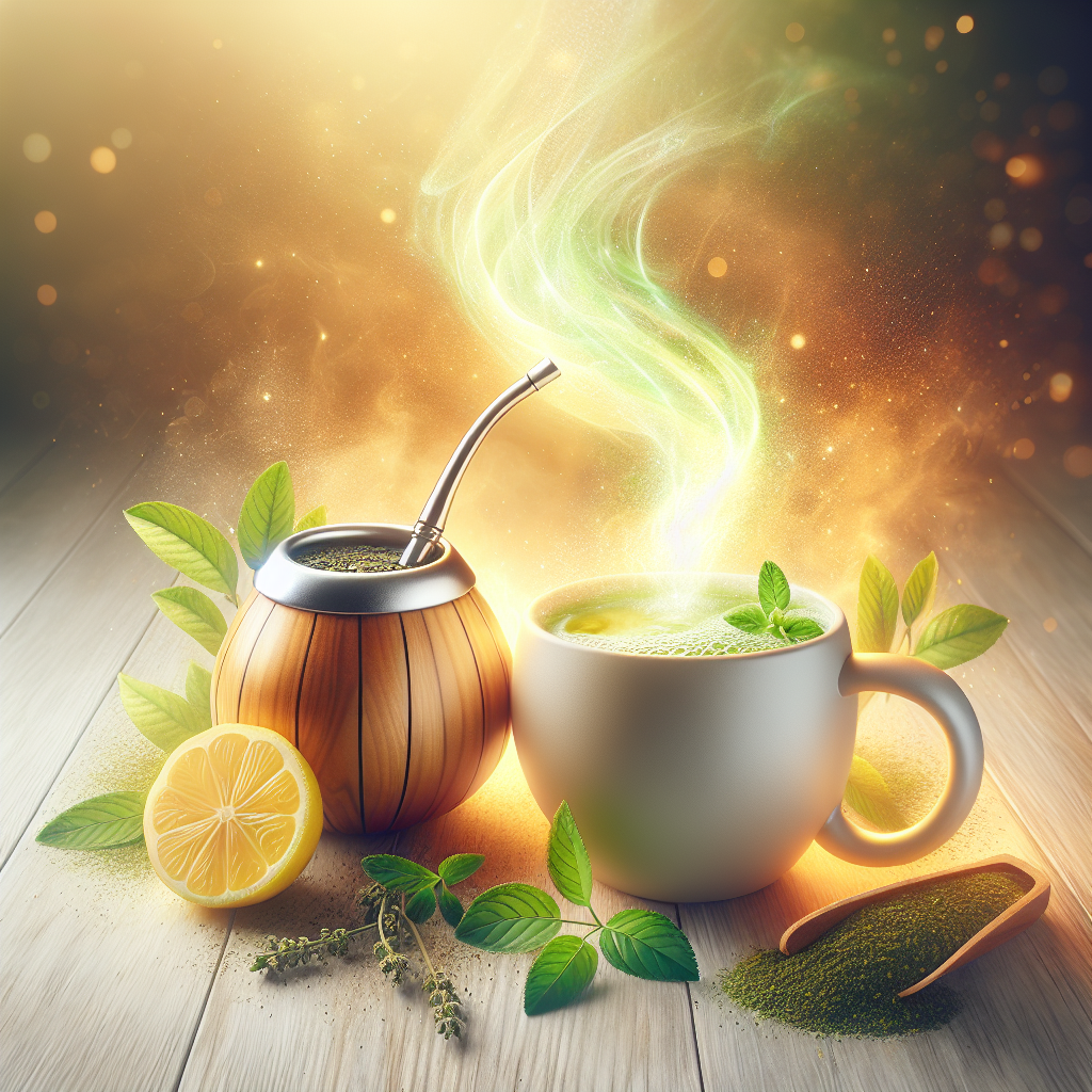 A vibrant, steaming cup of green tea next to a traditional mate tea gourd, both artfully arranged on a clean, light wooden surface. Fresh tea leaves, lemon slices, and subtle energy-like light streaks emanate from the beverages, symbolizing an active metabolism, vitality, and natural fat burning. The background is softly blurred with a warm, inviting glow, emphasizing health and wellness. Photorealistic, bright, and invigorating.