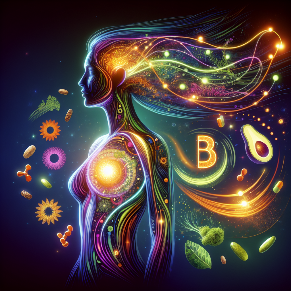 A vibrant and dynamic illustration of a stylized human body with glowing internal energy pathways representing an active metabolism. Surrounding and subtly fueling this energy are colorful, abstract representations of various vitamins (especially B-vitamins) and healthy, metabolism-boosting foods like whole grains, avocados, and leafy greens. The overall aesthetic should be modern, clean, and convey a sense of health, vitality, and internal power.