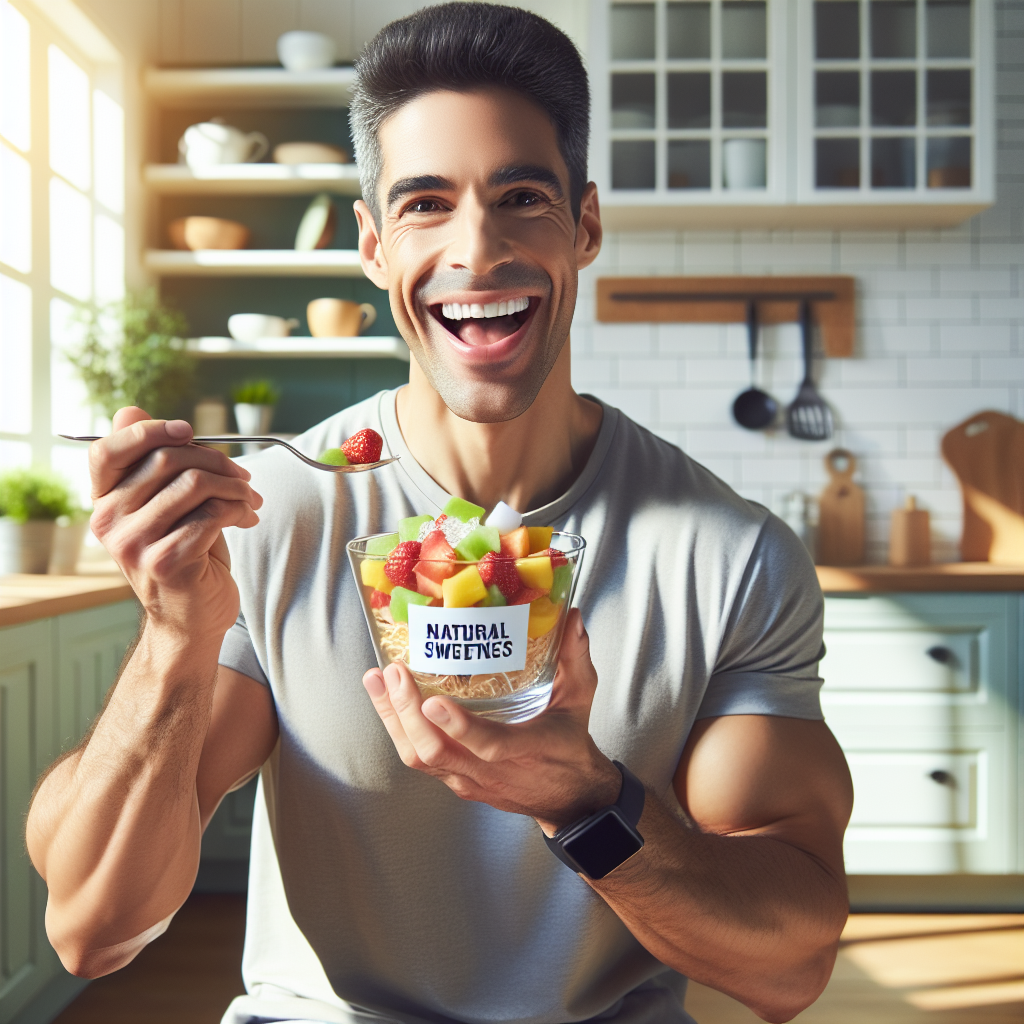 A fit, radiant person happily enjoying a delicious, naturally sweetened fruit salad or a smoothie, looking energized and content in a bright, modern kitchen. The scene conveys a sense of healthy living, satisfaction, and ease, emphasizing the joy of eating well without deprivation, achieved through reducing sugar.
