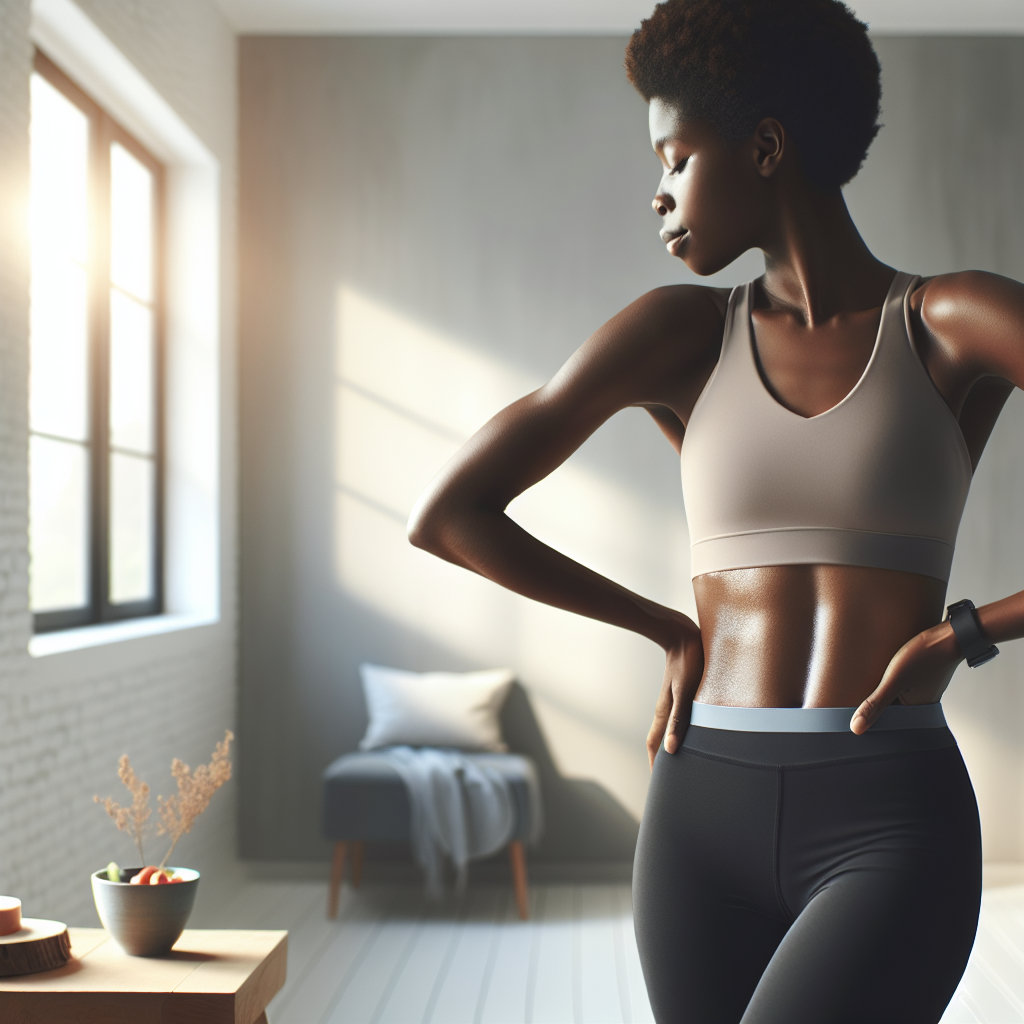 A confident and healthy person, with a subtly toned and flatter midsection, stands in a bright, minimalist home or gym setting. They are stretching gently or taking a deep breath, exuding a sense of well-being and accomplishment. In the background, soft light streams through a window, and subtle elements like a bowl of fresh fruit or a yoga mat are visible, symbolizing a balanced lifestyle. The overall mood is empowering and serene, focusing on health and positive transformation. Photorealistic, clean aesthetic.