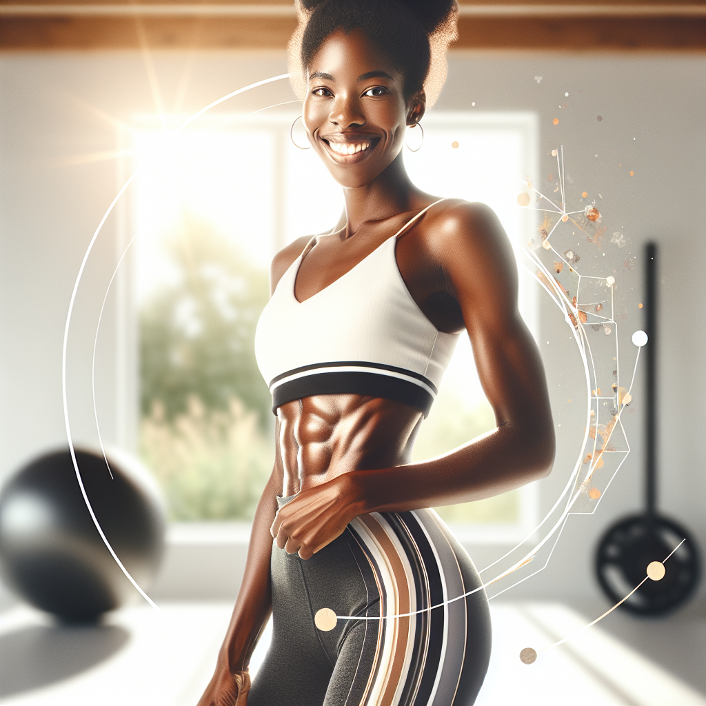 A confident woman with a toned midsection, smiling brightly and looking strong in modern activewear, in a clean, sunlit gym or home environment, symbolizing a flat stomach and successful weight management. Inspiring, high-quality image.