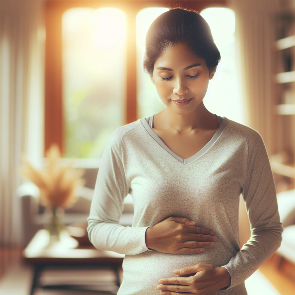 A serene and supportive image of a young mother gently touching her abdomen, post-pregnancy, in a softly lit, modern home setting with natural light. Her expression is calm and hopeful, reflecting patience and self-care on her journey to regain fitness. She is wearing comfortable, light activewear. The overall aesthetic is warm, encouraging, and emphasizes well-being rather than struggle. Realistic photography style.