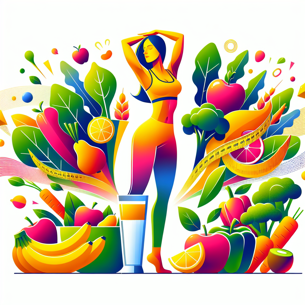 A vibrant and modern illustration of a person with a fit, healthy physique, engaged in a gentle, energizing activity like stretching or light exercise. Surrounding them are stylized, fresh elements representing healthy eating: colorful fruits, vegetables, and water. The overall atmosphere should be positive, empowering, and convey a sense of well-being and progress towards a flatter stomach, with bright, clean colors.
