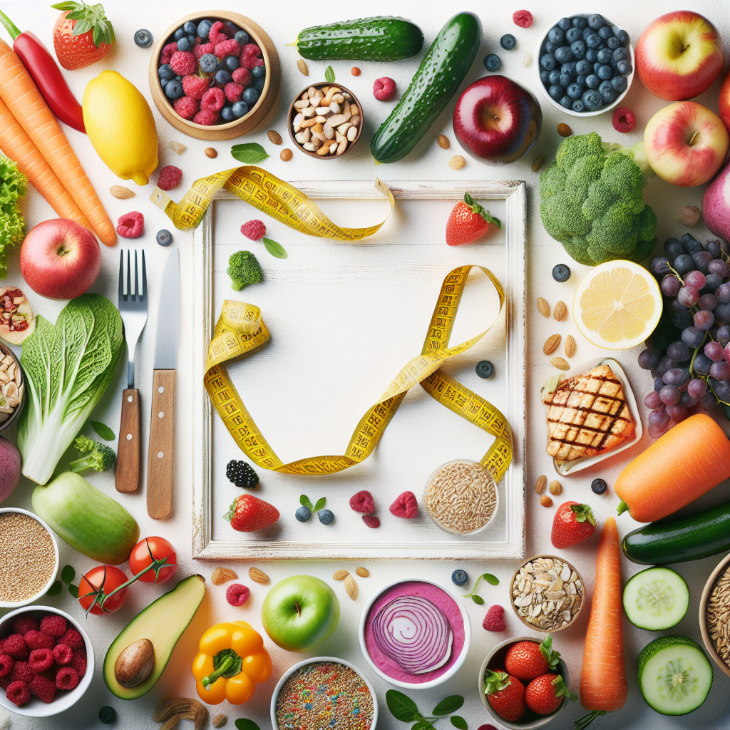 A top-down, vibrant flat lay of diverse healthy foods, including colorful fresh vegetables, berries, lean protein like grilled chicken or fish, and whole grains. These foods are artfully arranged on a clean, light surface, suggesting a balanced diet. A measuring tape is subtly intertwined with the food elements, gently cinching around an implied waistline, symbolizing belly fat loss and the journey to a healthier lifestyle through nutrition. The lighting is bright and inviting, emphasizing freshness and vitality. Food photography style, clean aesthetic.