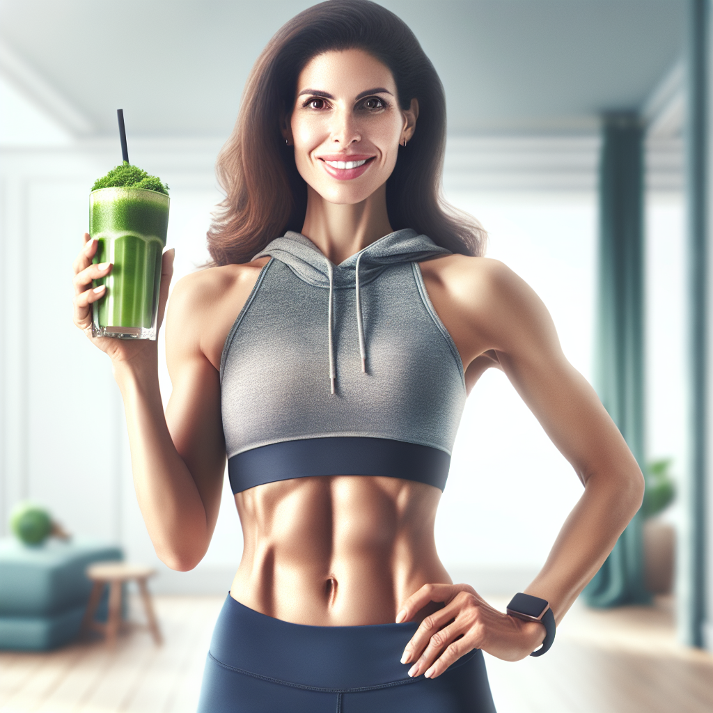 A confident and healthy woman in her 30s, smiling gently, wearing comfortable athletic wear. She stands relaxed, her body posture radiating well-being and a toned midsection. In her hand, she holds a vibrant green smoothie, symbolizing healthy nutrition. The background is bright and clean, with soft, natural lighting, implying a peaceful home environment or a minimalist fitness setting. Photorealistic style, focus on health and positive body image.