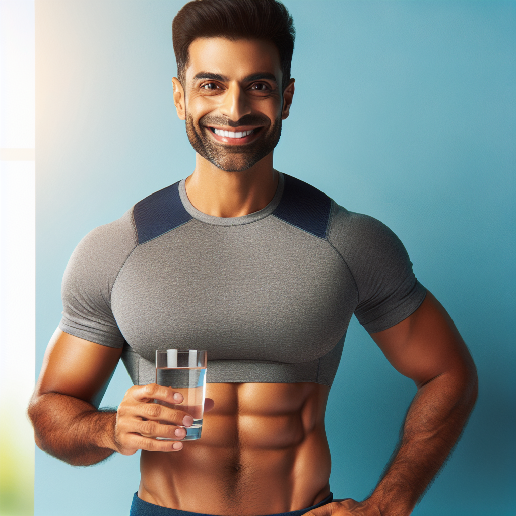 A confident, fit man in his late 30s or early 40s, smiling and looking healthy, wearing athletic casual wear, perhaps holding a glass of water or a healthy snack. He has a lean physique, implying successful belly fat loss. The background is bright and clean, suggesting an active and positive lifestyle. Realistic photo, natural lighting.
