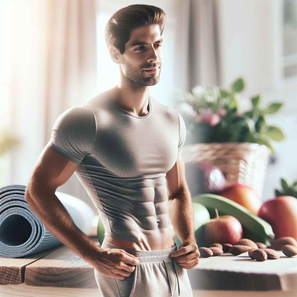 A person, visible from the waist up, with a toned and flat midsection, wearing comfortable, light activewear. They are confidently standing with a slight smile, suggesting a feeling of well-being and accomplishment. In the soft-focus background, there are hints of healthy elements like fresh produce or a yoga mat, subtly reinforcing the theme of a balanced lifestyle. The lighting is natural and inviting, creating a clean, motivational image. Realistic photo style.