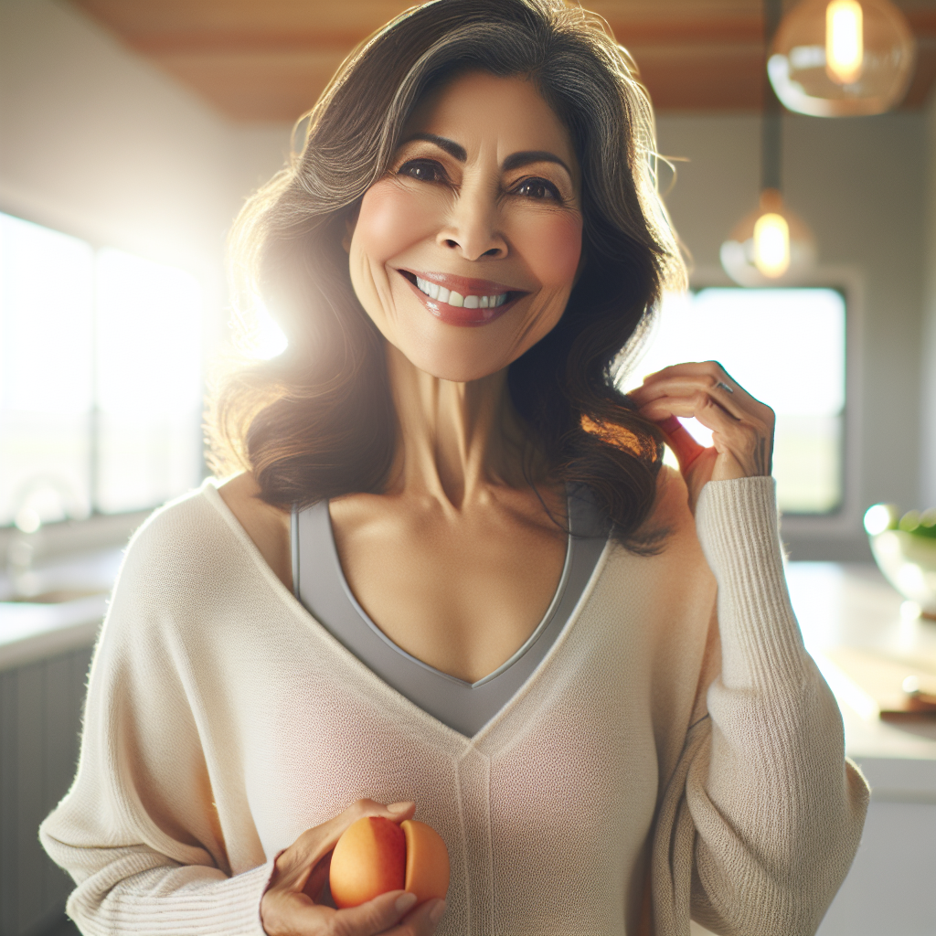 A confident, radiant woman in her late 50s, dressed in comfortable activewear, smiling gently and looking vibrant. She is standing in a bright, modern kitchen or a sunny garden, perhaps holding a healthy fruit or performing a light, graceful stretch. The image should convey a sense of well-being, empowerment, and successful weight management during menopause, with natural lighting and an uplifting, encouraging atmosphere.