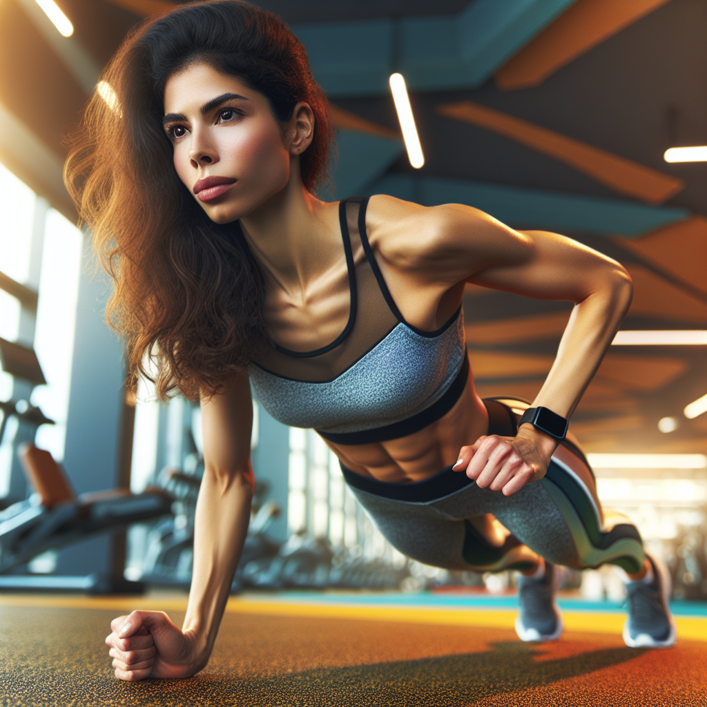 A fit and athletic person in sportswear performing a dynamic core exercise (e.g., a plank variation, Russian twist, or bicycle crunch) in a bright, modern gym setting. They have a focused and determined expression, with a subtle hint of exertion. The background is slightly blurred, showing gym equipment. The image should convey energy, progress, and the feeling of effectively targeting abdominal muscles through sport. Realistic photographic style.