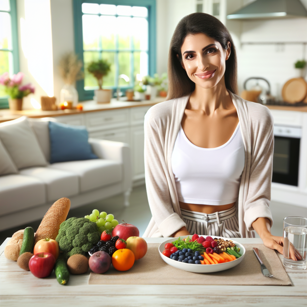A smiling, healthy-looking person with a noticeably flatter stomach, dressed in comfortable, casual clothing, sitting serenely at a bright kitchen table. The table is abundantly laid with a vibrant, healthy meal, featuring fresh fruits (like berries), colorful vegetables, whole-grain bread, and a glass of water. The background shows a calm, inviting home kitchen, emphasizing a peaceful lifestyle and successful weight loss achieved through mindful eating, with no signs of exercise equipment or strenuous activity.
