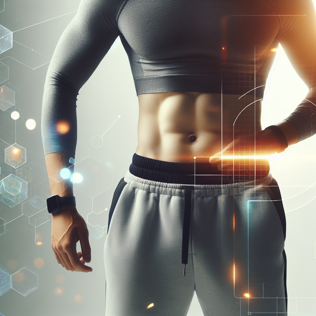 A fit person, gender-neutral, with a visibly flat and toned stomach, radiating health, confidence, and well-being. They are in comfortable activewear in a bright, clean, and modern setting with natural light, emphasizing a positive outcome of a healthy lifestyle. Minimalist aesthetic.