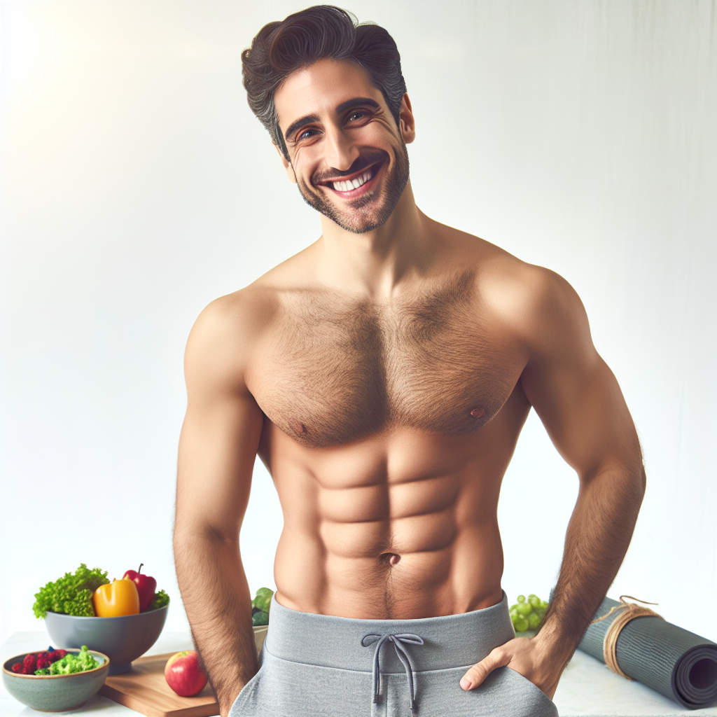 A confident person with a visibly flat and toned stomach, smiling brightly while wearing comfortable activewear. The background is clean and bright, subtly featuring elements of a healthy lifestyle such as fresh fruits and vegetables or a yoga mat, conveying the success of losing belly fat and embracing well-being. Realistic, aspirational, and inviting.
