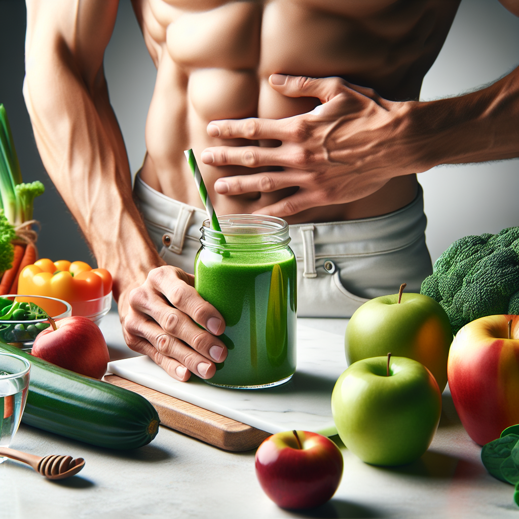 A person with a healthy, toned physique, subtly touching their flat stomach with one hand, while holding a vibrant green smoothie in the other. In the background, fresh fruits, vegetables, and a glass of water are arranged on a clean, light surface, hinting at balanced nutrition. The overall mood is positive, inspiring, and active, suggesting successful belly fat loss and a healthy lifestyle. High-quality, realistic photo, bright and clean aesthetic.