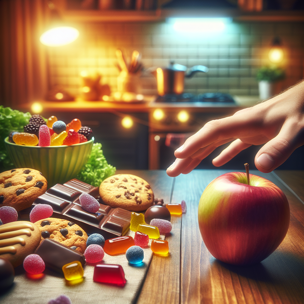 A close-up, realistic photograph showing a human hand reaching towards a tempting assortment of colorful sugary snacks like chocolates, cookies, and gummy bears. In the foreground, slightly out of focus, a fresh, vibrant apple or a bowl of berries is prominently placed, symbolizing a healthier alternative and the power of choice. The setting is a cozy, well-lit home kitchen, evoking a sense of everyday struggle and the possibility of control. Natural lighting, warm and inviting tones.