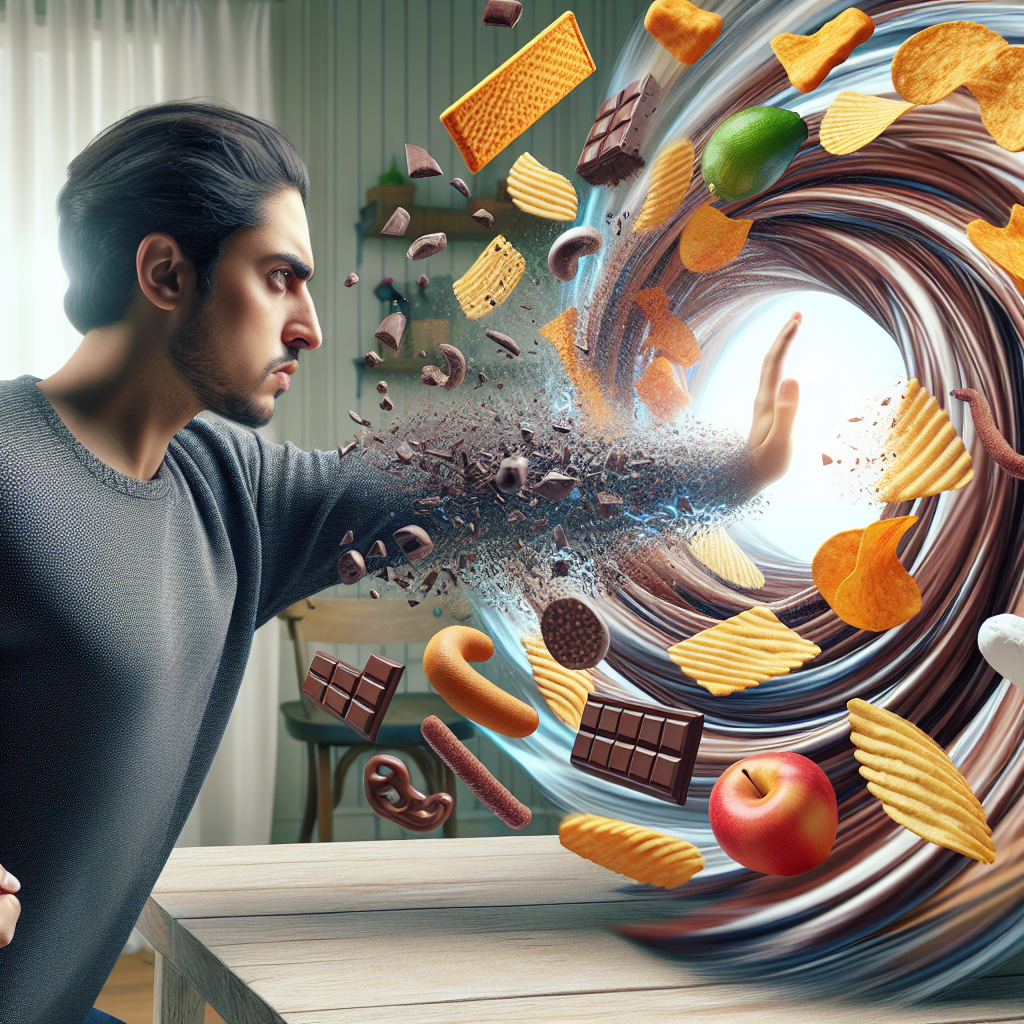 A determined person, looking focused and calm, gently but firmly pushing away or deflecting an abstract, swirling vortex of tempting junk food items (like glossy chocolate bars, crunchy potato chips, and greasy fries) that seem to try and pull them in. The person is standing in a brightly lit, serene kitchen or living space, symbolizing control and peace. The overall style is realistic with a touch of conceptual art, focusing on the contrast between chaos and calm.