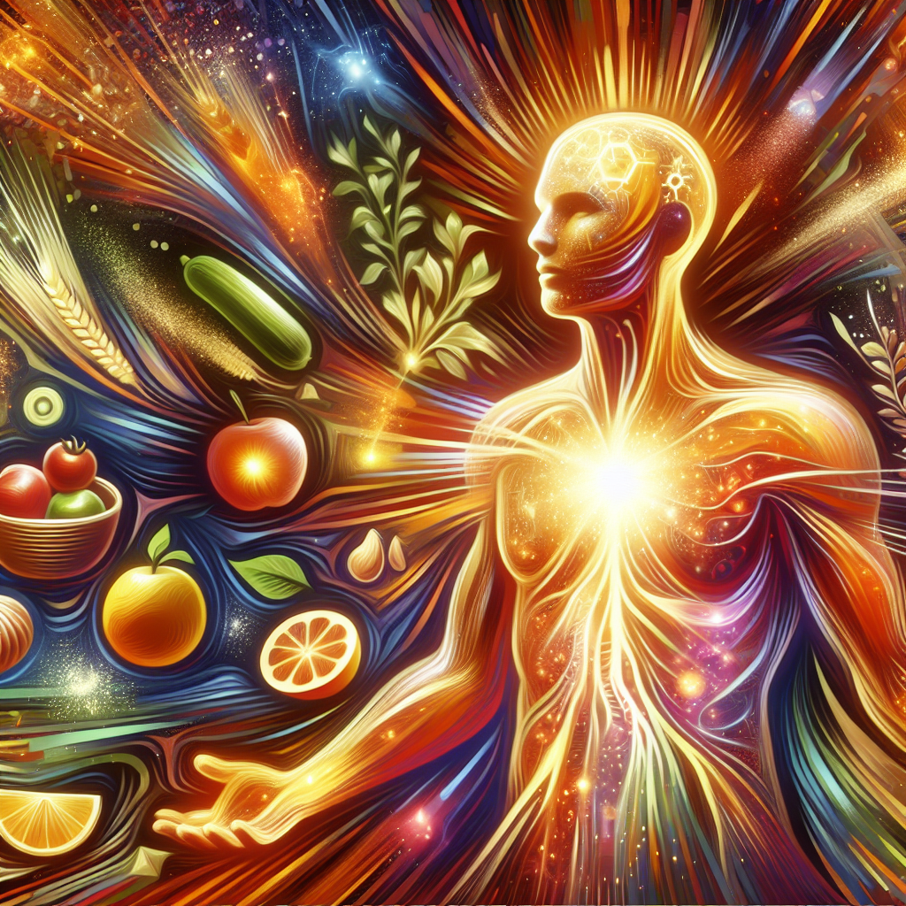 Vibrant and dynamic illustration depicting a stylized human body glowing with internal energy, symbolizing a stimulated metabolism. Abstract streaks of light and particles radiate outwards, representing increased vitality and health. Elements like fresh fruits, vegetables, and a subtle representation of muscle mass are integrated around the figure, hinting at the factors influencing metabolism. The overall mood is energetic, healthy, and optimistic, rendered in a clean, modern graphic style with bright, inviting colors.