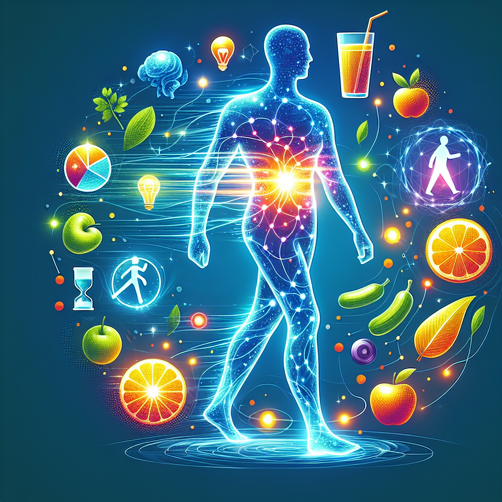 A vibrant and dynamic illustration of an active metabolism, depicted as glowing energy pathways within a stylized human silhouette. Surrounding elements include fresh fruits and vegetables, a glass of water, and subtle hints of daily physical activity like a person walking. The overall mood is optimistic and healthy, conveying the concept of boosting metabolism for effective weight loss in everyday life. Bright, clean digital art with a touch of modern minimalism.