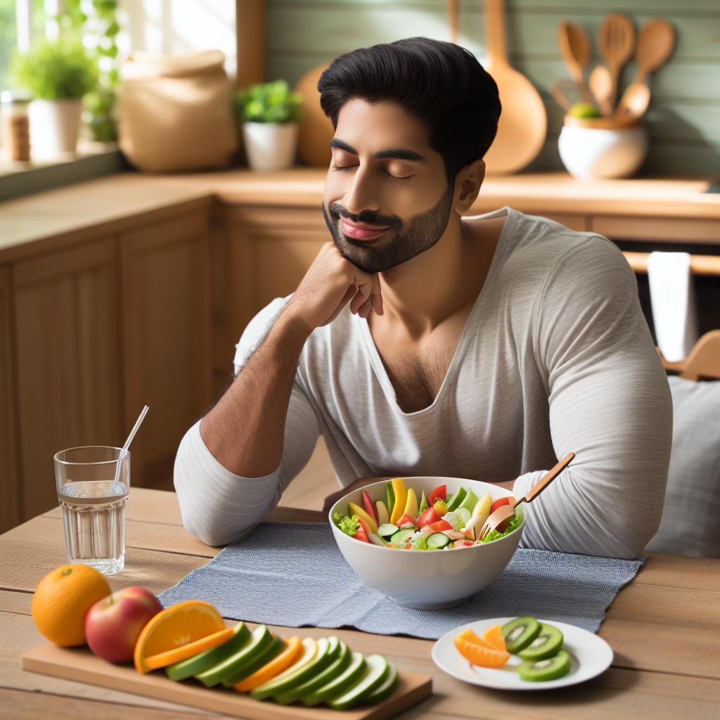 A relaxed person, appearing healthy and happy, is comfortably seated at a kitchen table in a bright, inviting home environment. On the table are simple, fresh, healthy food items like a bowl of colorful salad, sliced fruits, and a glass of water. There are absolutely no visible elements of sports equipment, workout gear, or strenuous activity in the scene. The overall mood is calm, achievable, and emphasizes well-being through daily healthy choices rather than exercise. Realistic style with soft, natural lighting.