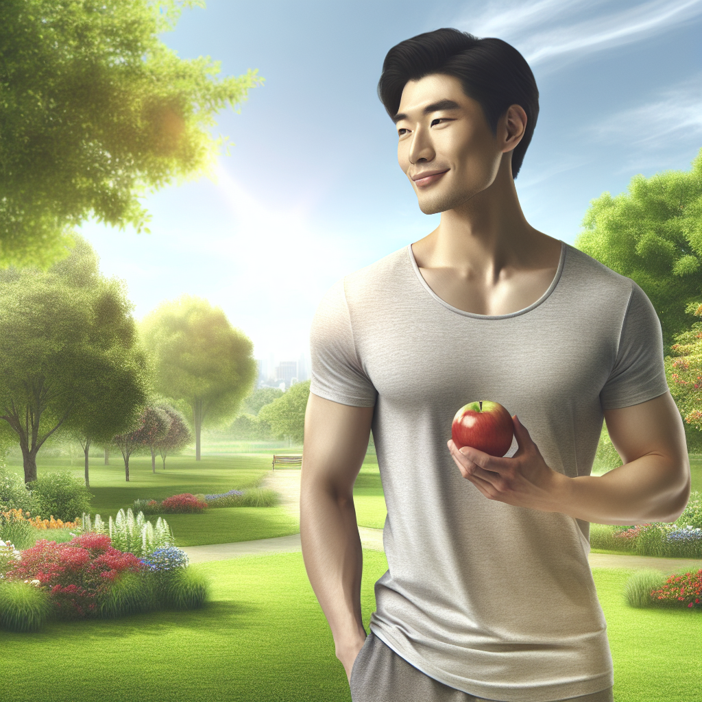 A serene and content person (early 30s, looking healthy and balanced) gently walking in a bright park or a cozy home environment, holding a piece of fresh fruit or a glass of water. The overall atmosphere is peaceful, conveying a sense of easy, natural well-being and a sustainable healthy lifestyle, without any indication of strenuous exercise or gym activities. Soft, natural lighting. Digital art.